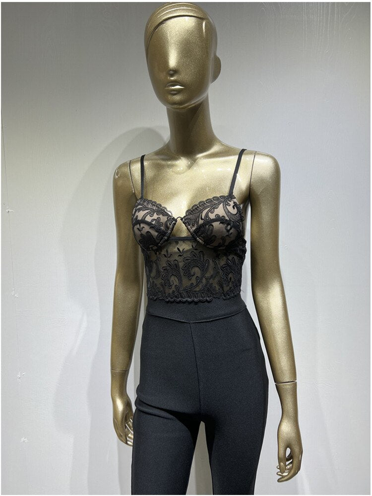 Women Summer Style Sexy Sleeveless Backless Lace Black Bodycon Bandage Jumpsuit 2022 Celebrity Designer High Street Rompers