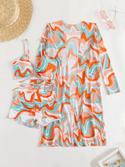 Tropical High Waist Bikini Three Pieces - Long Sleeve Cover Up Swimsuit Bathing Suit