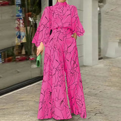Jumpsuit Elegant Casual Long Sleeve Art Print Tie Nipped Waist Loose Wide Legs Pants Set