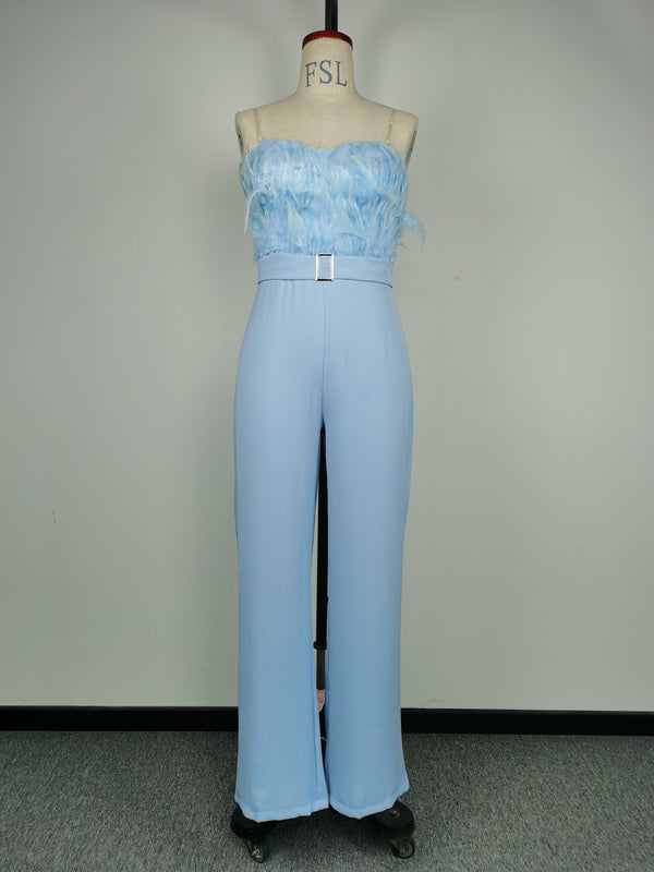 Valeria Feather-Trim Strapless Wide-Leg Jumpsuit One-piece