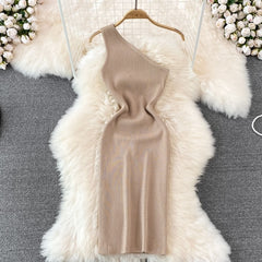 Sexy One Shoulder Crochet Bodycon Dress Chic Knitted Elegant Midi Dress