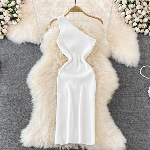 Sexy One Shoulder Crochet Bodycon Dress Chic Knitted Elegant Midi Dress