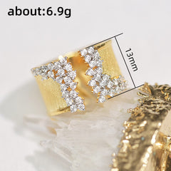 Finger Ring with CZ Stone Wiredrawing Effect Gold Color Wide Rings Luxury Female Jewelry Party