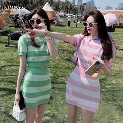 Buttons O-Neck Short-Sleeve Knitting Shirt+Mini Skirt 3-Piece Set Women&#39;s Sweater Cardigan Summer Fall 2021 New Korea Sweet Suit
