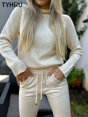 TYHRU Autumn Winter Women Sweater Tracksuit Leisure Hemp Flower Half-High Collar Pullover+Knitted Trousers Suits 2-piece Set