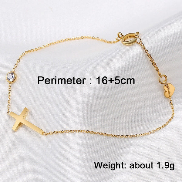 Simple Single Chain Cross Charm with Shiny CZ Bracelet