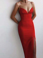 V-Neck Spaghetti Strap Bodycon Sexy Split Backless Long Dress