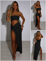 Sexy Hollow Out Sleeveless Strapless High Split Maxi Dress