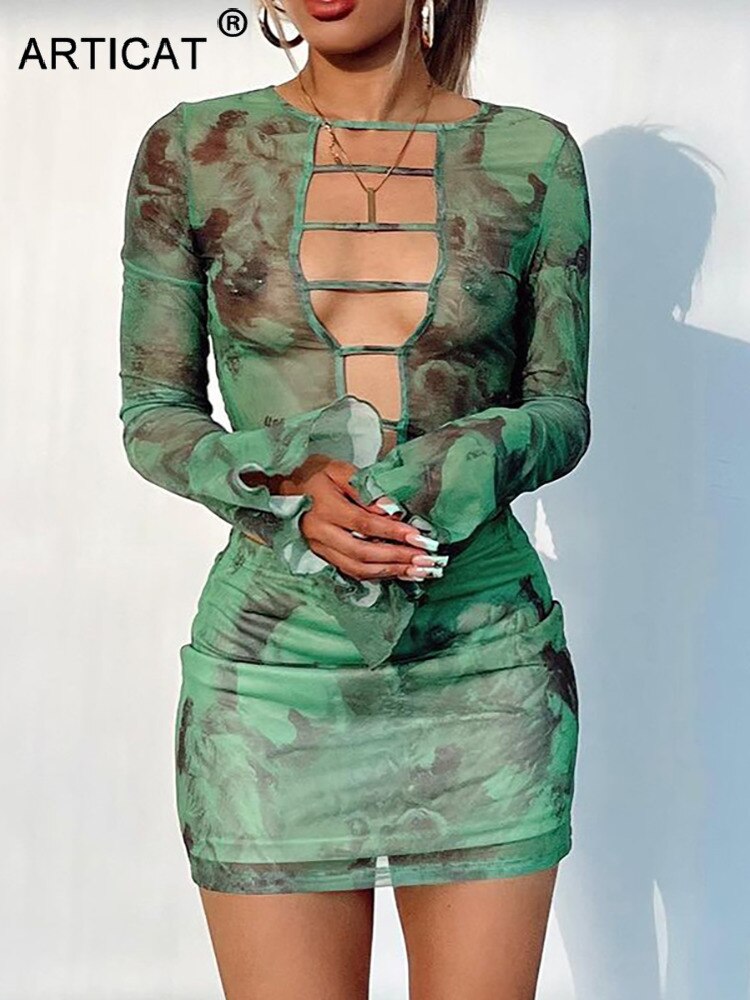 Articat Mesh Tie-dye Hollow Out O-neck Top Wrap Short Skirt 2 Pieces Set Women Printing Petal Long Sleeve Skirt Suit Streetwear