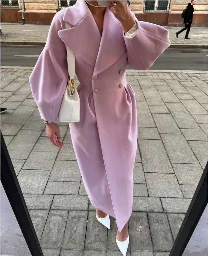 Autumn Women Woolen Coat Thick Lapel Lantern Sleeve Office Lady Long Jackets Double-Breasted New in Outerwears Female Coats
