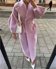 Autumn Women Woolen Coat Thick Lapel Lantern Sleeve Office Lady Long Jackets Double-Breasted New in Outerwears Female Coats