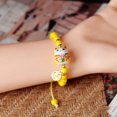 Chinese Style Cute Ceramic Fortune Cat Fu Bracelet Kawaii Fortune Wish Men Women Red String Bracelet Fashion Jewelry