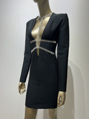 Celebrity High Quality Black Long Sleeve V-neck Sparkly Diamonds Rayon Bandage Dress Elegant Cocktail Party Dress Vestidos