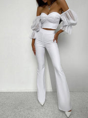 High Quality White Color Women Short Puff Sleeve Top Pants Set Royan Bandage Celebrity Fashion Women&#39;s Set