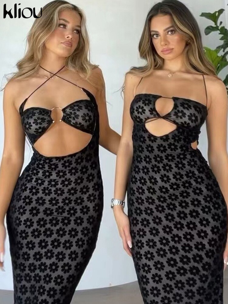 Kliou Halter Mesh Patchwork See Through Maxi Dress Women Sexy Lace Up Sleeveless Cut Out Cleavage Sheath Robe Partywear Vestido