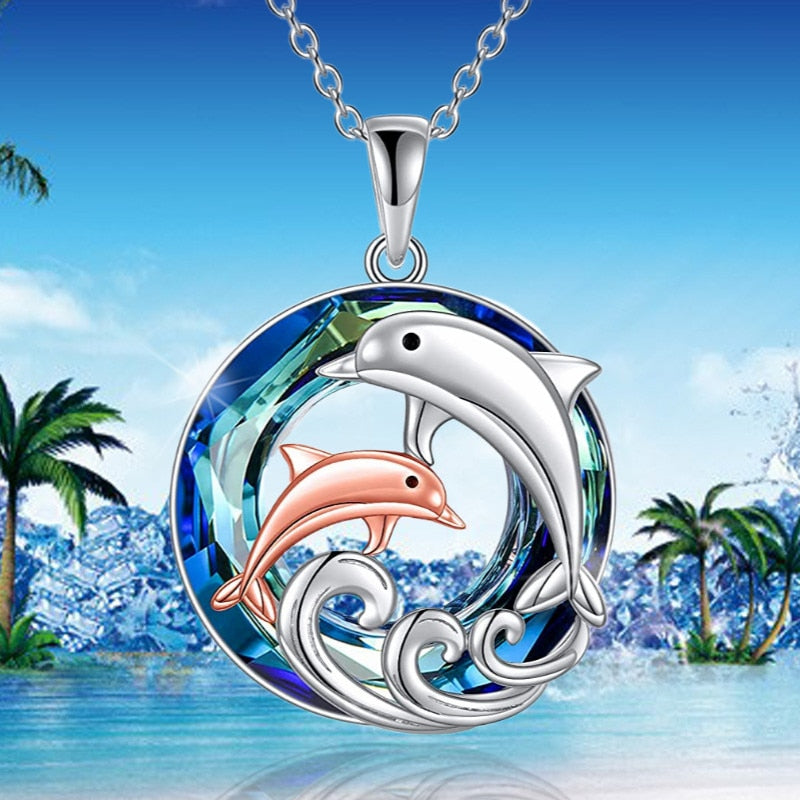 Ladies Fashion Animal Pendant Necklace Cute Mother Daughter Dolphin Crystal Jewelry Anniversary Birthday Mother's Day Gift Main image