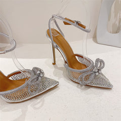 Transparent PVC Rhinestone Pumps Silver Pointed Toe Bowknot Sandals High Heels Crystal Shoes
