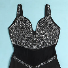 Diamonds Sheer Mesh Patchwork Camisole Jumpsuits Women Sexy V Neck Spaghetti Straps Backless Flare Pants Party Overalls Clubwear