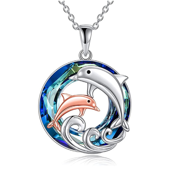 Ladies Fashion Animal Pendant Necklace Cute Mother Daughter Dolphin Crystal Jewelry Anniversary Birthday Mother's Day Gift