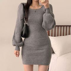 Square Collar Long Lantern Sleeve Above Knee Bodycon Dress