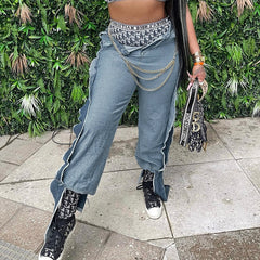Taruxy Jeans Women Blue Patchwork High Waisted Ripped Jeans Autumn High Street Straight Long Pants Y2K Denim Pants Trousers