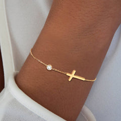 Simple Single Chain Cross Charm with Shiny CZ Bracelet