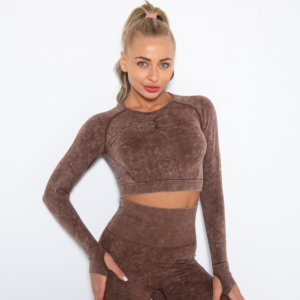 Women Seamless High Waist Yoga Set Long Sleeve Crop Top High Waist Leggings