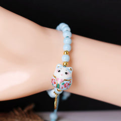 Chinese Style Cute Ceramic Fortune Cat Fu Bracelet Kawaii Fortune Wish Men Women Red String Bracelet Fashion Jewelry