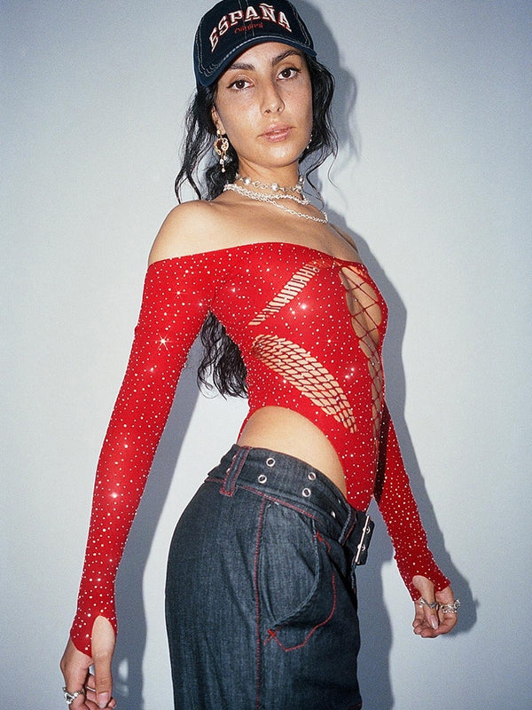 Celina Rhinestone Mesh Bodysuit One-piece