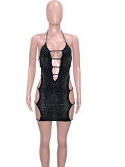 Black Ladder Cut Out Crystal Mini Dress Straps Sequin Night Dress