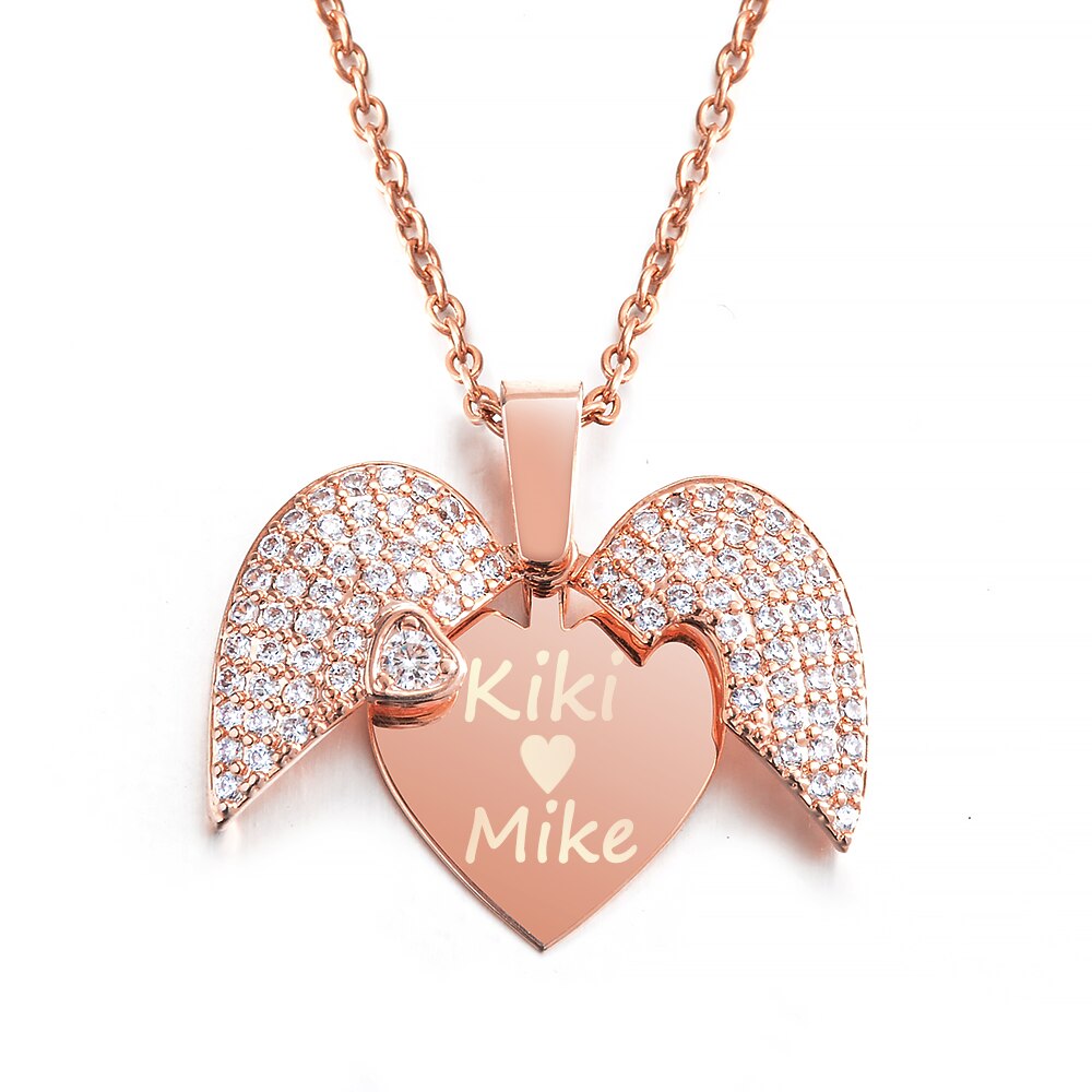 Personalized Women Chain Necklace Custom Engraved Heart Name Openable Heart Crystal Wings Pendant Neklace Valentine Day Gift