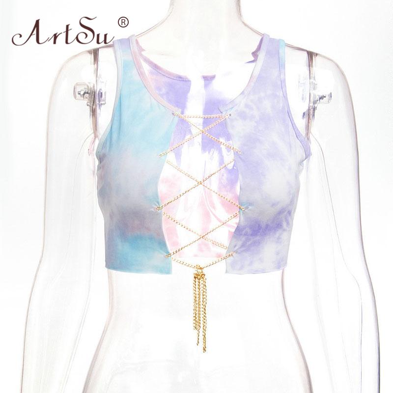 ArtSu Red Black White Metal Chain Sleeveless Crop Top Sexy Clubwear Women Adjustable Lace Up Hollow Out Tank Tops Tees Camisole