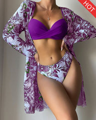 Floral Print Bikini Set - Low Waist Twist Swimsuit Long Sleeve Cover Up Three Pieces Beach Bathing Suit