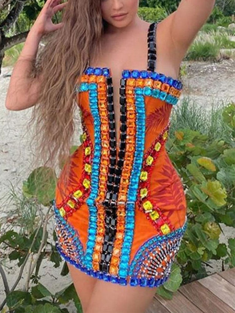 Ailigou 2022 New Women&#39;s High Quality Orange Slip Hand-Beaded Shiny Rayon Bandage Dress Elegant Club Party Dress VestidosAiligou