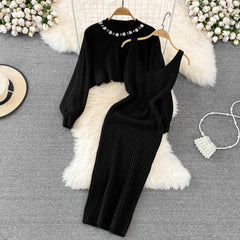 Elegant Slim Two Piece Sets Sweater Dress High Waist Knitted Ensemble Long Dress