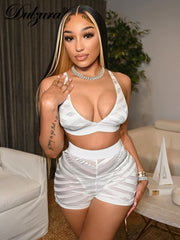 Dulzura 2022 Summer Women Mesh Patchwork 2 Pieces V Neck Crop Top Biker Shorts Set See Through Sheer Tracksuit Outfit Festival