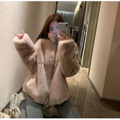 Women&#39;s Winter Jacket Fashion Solid Color Faux Fur Coat Korean Version Loose Simplicity Stand-up Collar Women&#39;s Clothing Coat