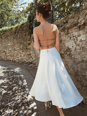 Wanna This White Midi Calf Dress For Woman V-Neck Sleeveless Cami Criss Side Split Elegant Sexy Wrap Clubwear Fashion Dress 2021