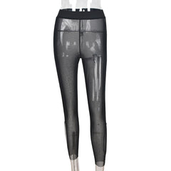 Sexy Mesh See Through Diamond Buttons Stretchy Leggings Women Hollow Out Skinny Pants 2022 Summer Harajuku Goth Black Trousers