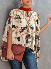 Casual Loose Women Blouse  Batwing Sleeve Print O-neck