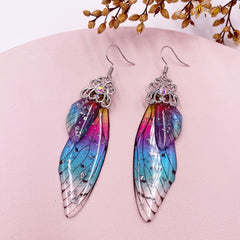 Handmade Butterfly Wing Drop Earrings with Foil Rhinestones