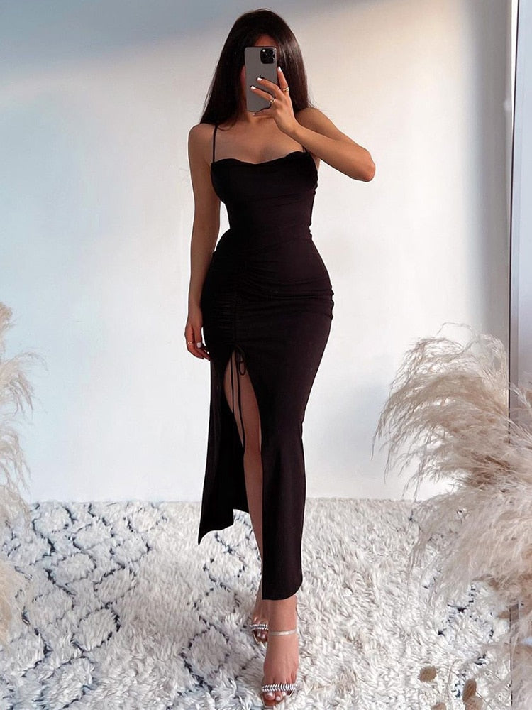Dresses For Women Party Cowl Neck Sleeveless Spaghetti Strap Summer Midi Dress Ruched Drawstring Front Slit Sexy Bodycon Dress