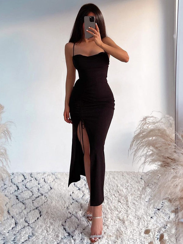 Dresses For Women Party Cowl Neck Sleeveless Spaghetti Strap Summer Midi Dress Ruched Drawstring Front Slit Sexy Bodycon Dress