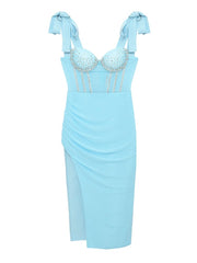 Sky Blue Skinny Mini Dress Mesh Bow Ladies High Split Drape Sexy Sleeveless Dress