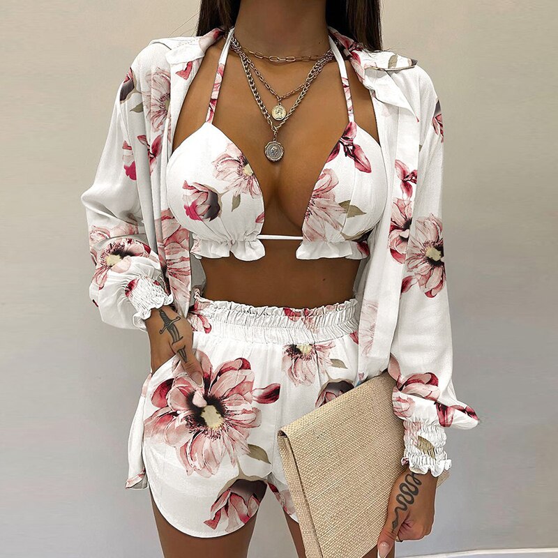 Lantern Sleeve Shirt &amp; Pocket Design Shorts Sets With Frill Hem Crop Top
