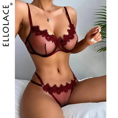 Ellolace Sensual Lingerie Woman Transparent Lace Exotic Costumes Sheer Porn Intimate 2-Piece Underwire Bra Thongs Sexy Outfit