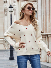 Fitshinling V Neck Embroidery Heart Sweater