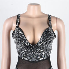 Diamonds Sheer Mesh Patchwork Camisole Jumpsuits Women Sexy V Neck Spaghetti Straps Backless Flare Pants Party Overalls Clubwear