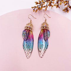 Handmade Butterfly Wing Drop Earrings with Foil Rhinestones