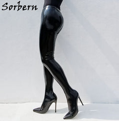 Sorbern Black Holo Streched Legging Boots High Heel Stilettos Pointed Toe Long Boot Made-To-Order